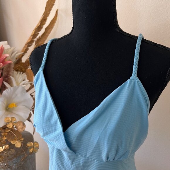Aqua Light Blue Babydoll Halter Striped Sheer Mini Dress XL - Picture 2 of 8